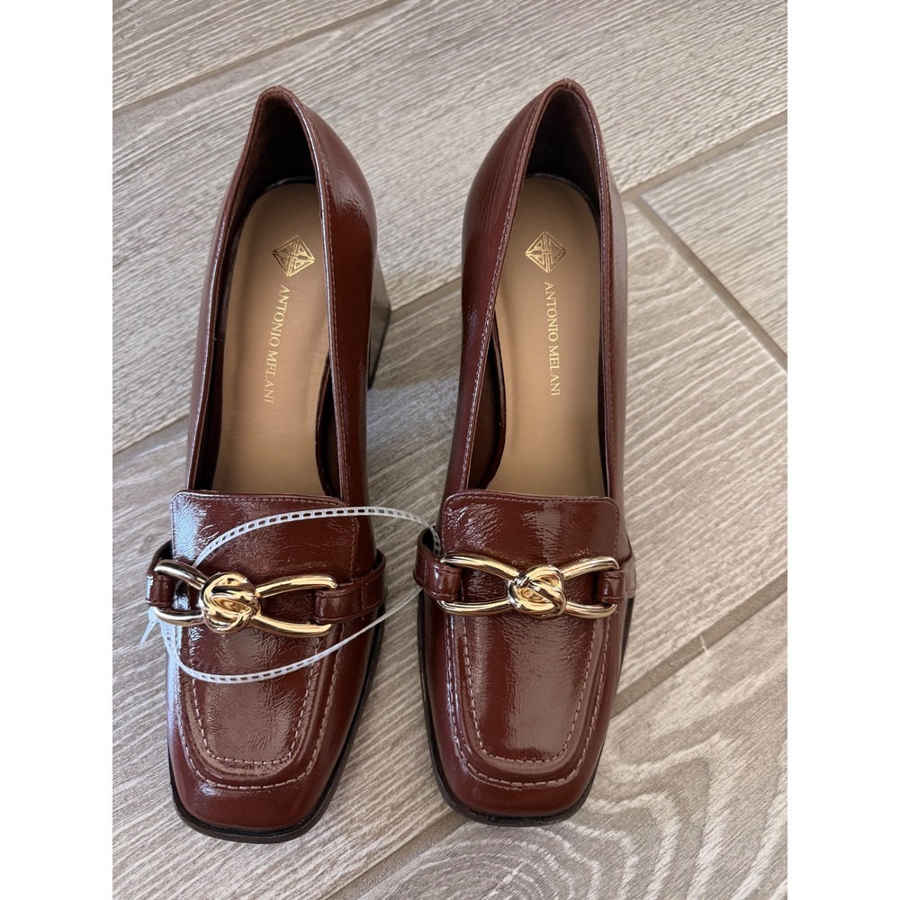 Antonio Melani Maroon Patent Leather Block Heel Loafers Gold Square Toe 6.5 NEW